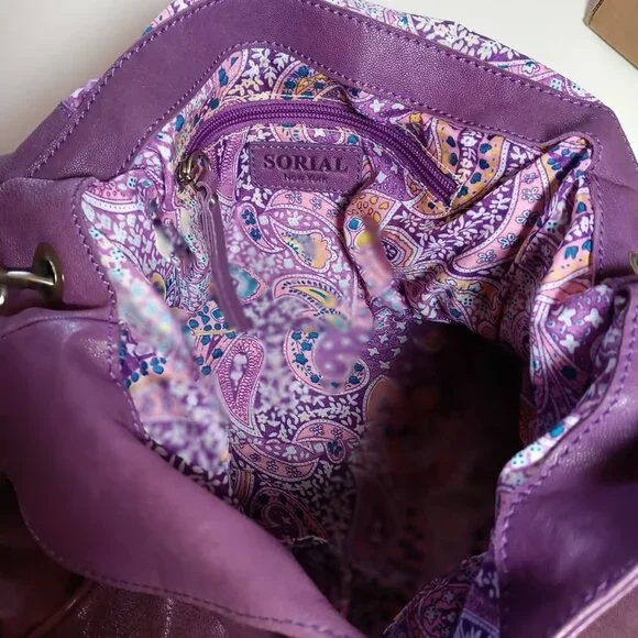 Soriel New York Leather Hobo Handbag, Raspberry color, Silver tone hardware - Picture 7 of 12